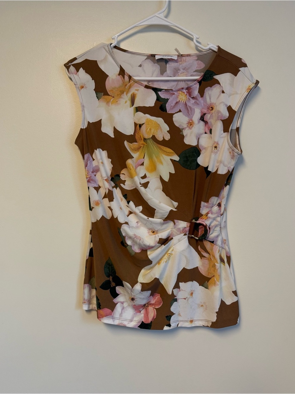 Calvin Klein Brown Floral Cap-Sleeve Shell with Buckle Detail